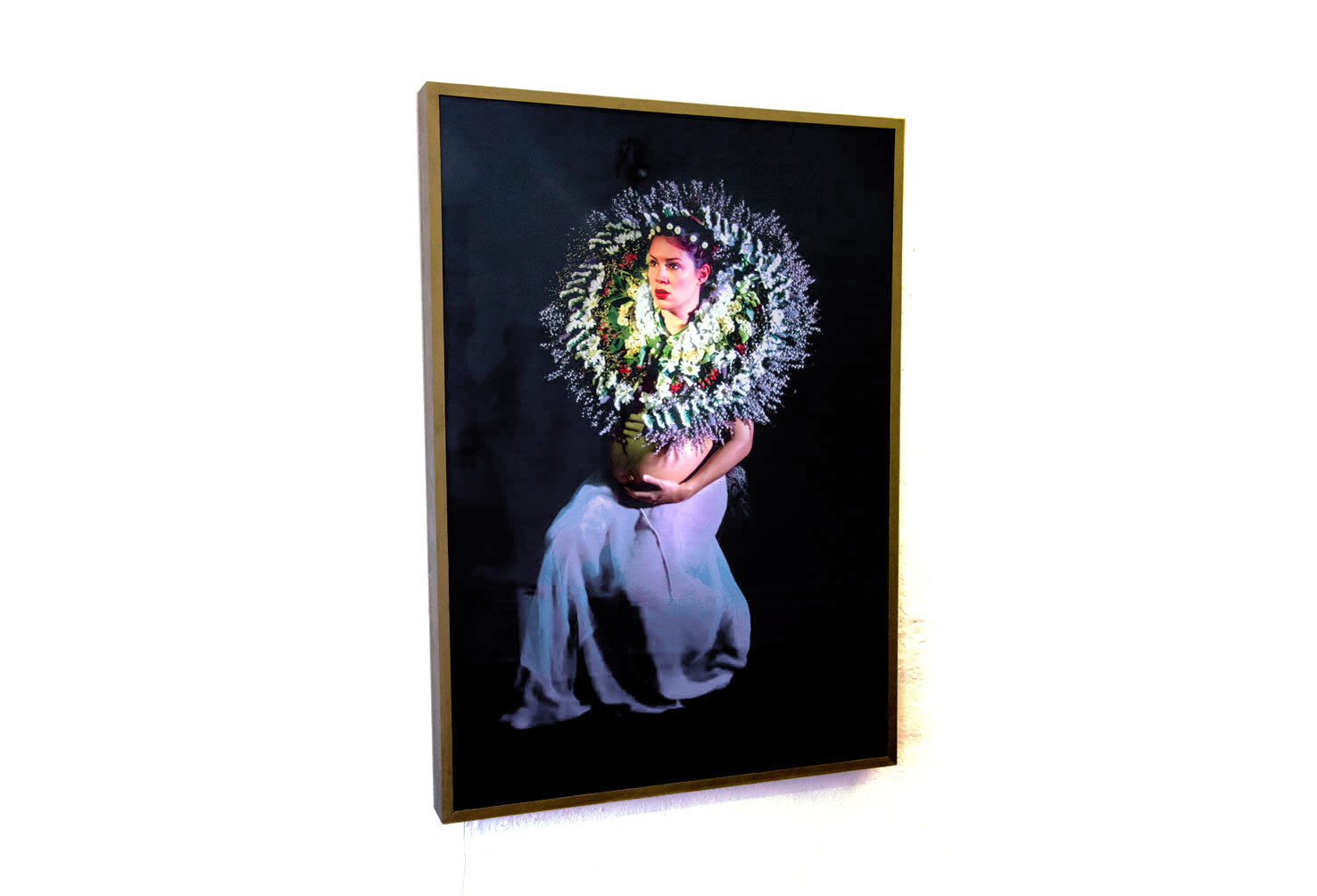 Redharvest, 2013-2014, Lightbox: perspex, backlit film, brass coating, wood, 1190x845mm; Photo: Hypericum, Ti tree, Orchid, Lavender, Chrysanthemum