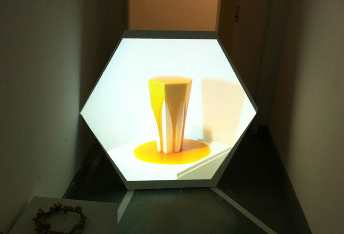 Honey in honour of bees, 2011, Wood, acrylic paint, projection of honey pour performance