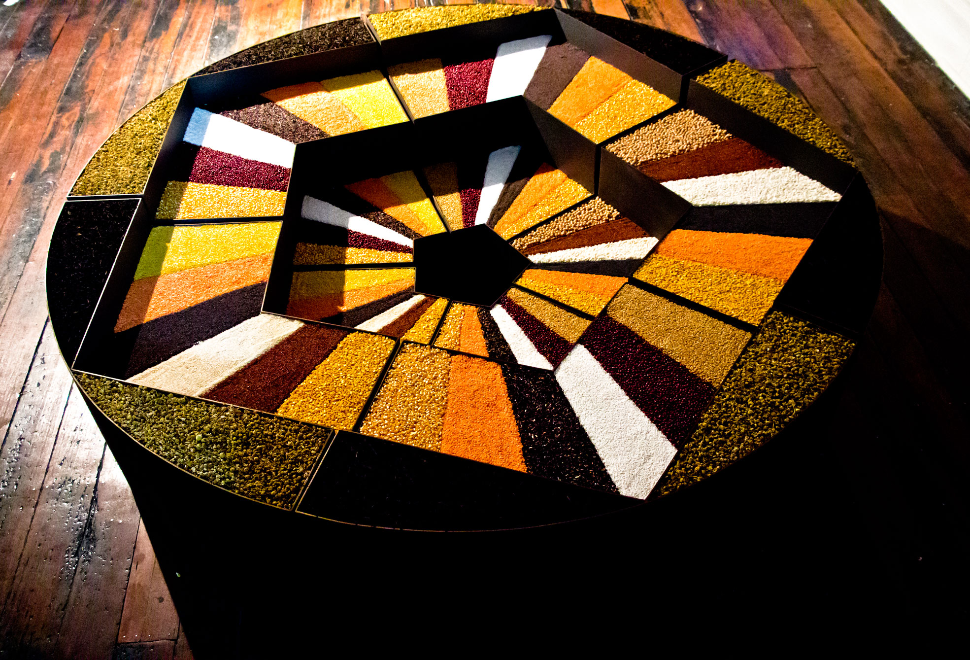 You too must seek the sun, 2014, corn, rice, sugar, wheat, poppy seed, black tea, chamomile, sesame seed, quinoa, chick pea, azuki bean, lentil, mung bean, tapioca, mustard seed, wood, metal coating