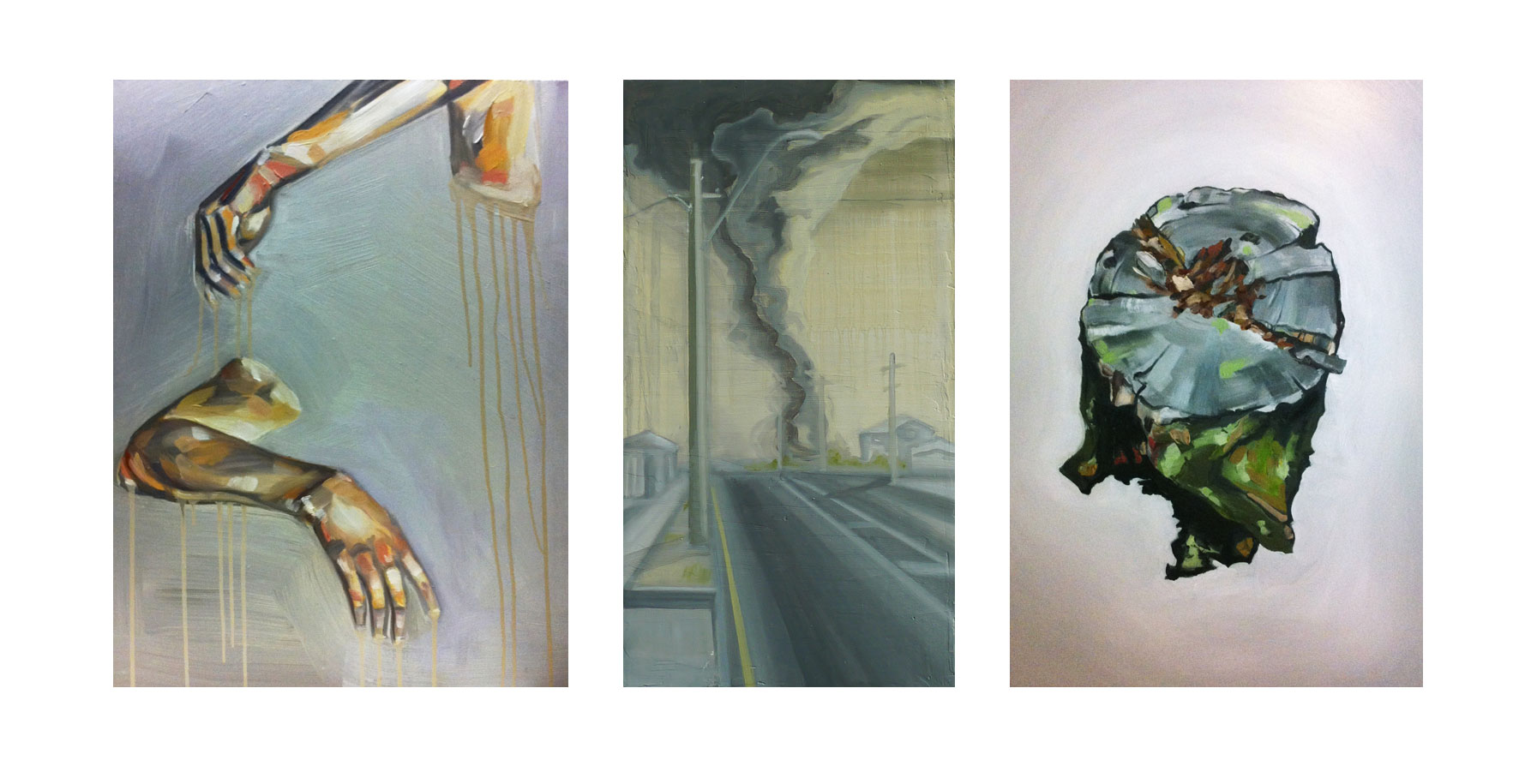 Left to right: Flesh study, 2011; Suburban future, 2010; Mark of man, 2012, oil on board