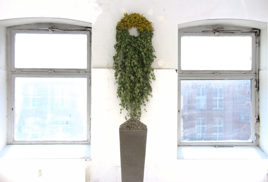 Detritus of dead epochs- memoriam, Silver-birch leaves, Canada Goldenrod, concrete rubble, mdf, acrylic coating