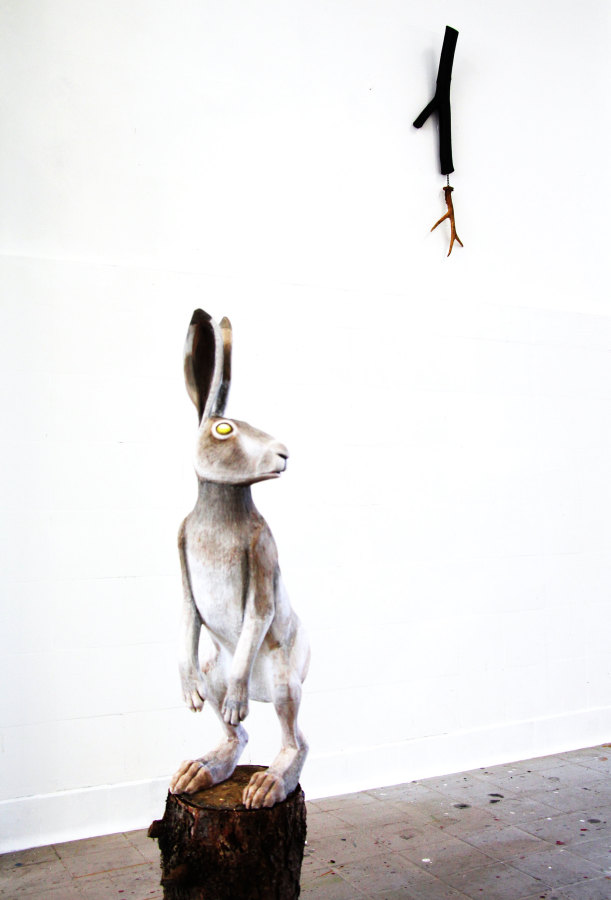 Detail: Detritus of dead epochs- White Hare, White Stag, 2015,  wood, polystrene, acrylic coating, tar, Roe deer antler