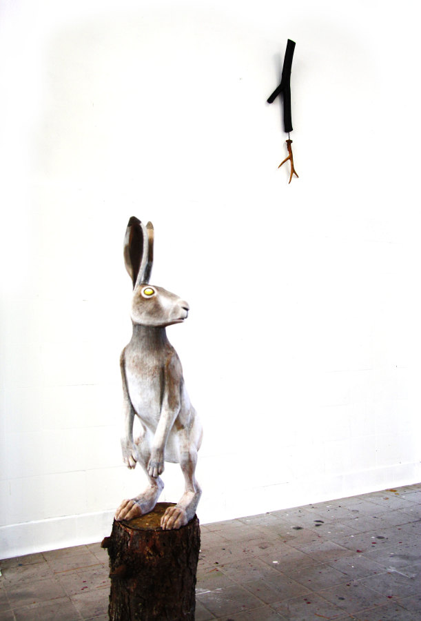 Detail: Detritus of dead epochs- White Hare, White Stag, 2015, wood, polystrene, acrylic coating, tar, Roe deer antler