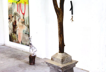 Installation view: Spinnerei Rundgang, pilotenkueche residency. Paintings: Jenny Brosinski; Sculpture: Jenn Garland (wood, polystrene, tar, Roe deer antler, acrylic filler, mdf)